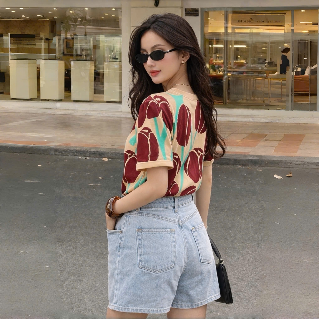 Áo Thun Phối Hoa Tulip Nâu Thanh Lịch, Chất Cotton Mềm Mịn, Có Kèm Hình Thật.