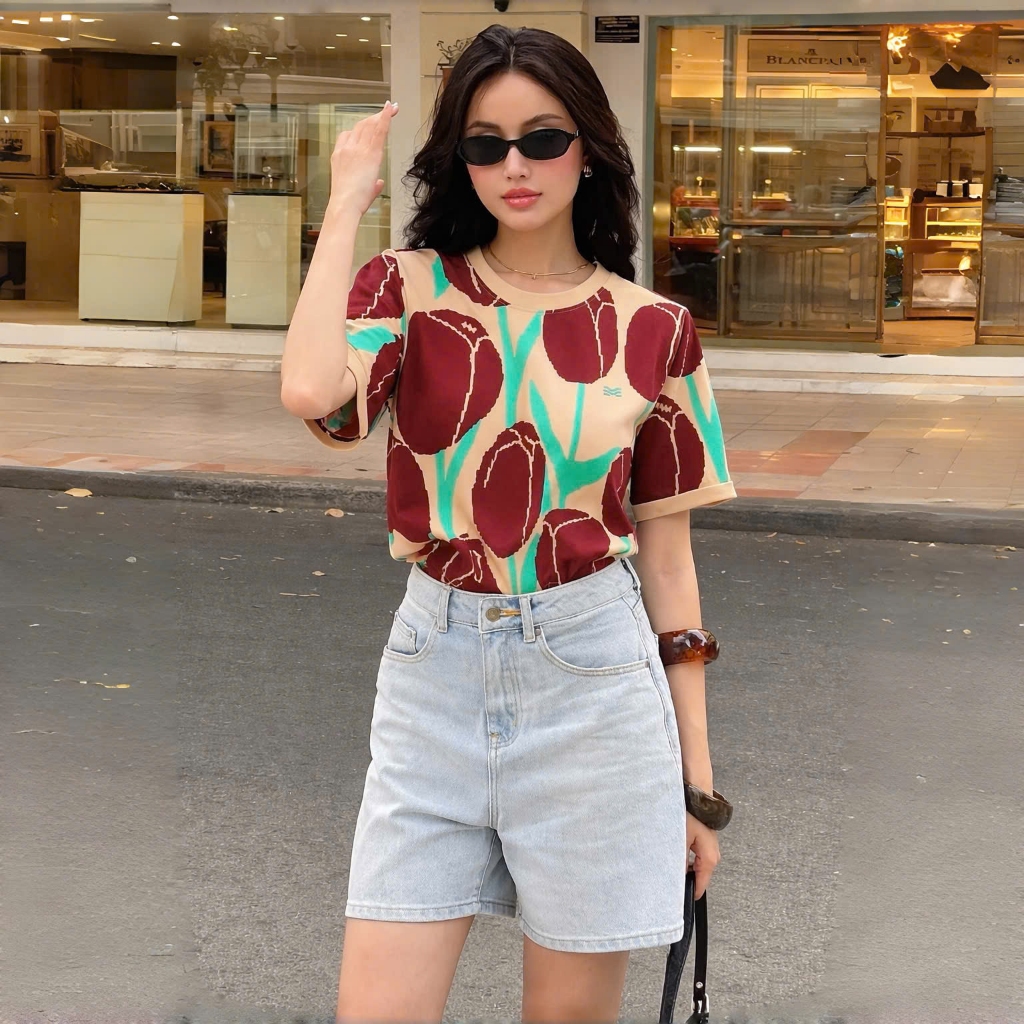 Áo Thun Phối Hoa Tulip Nâu Thanh Lịch, Chất Cotton Mềm Mịn, Có Kèm Hình Thật.