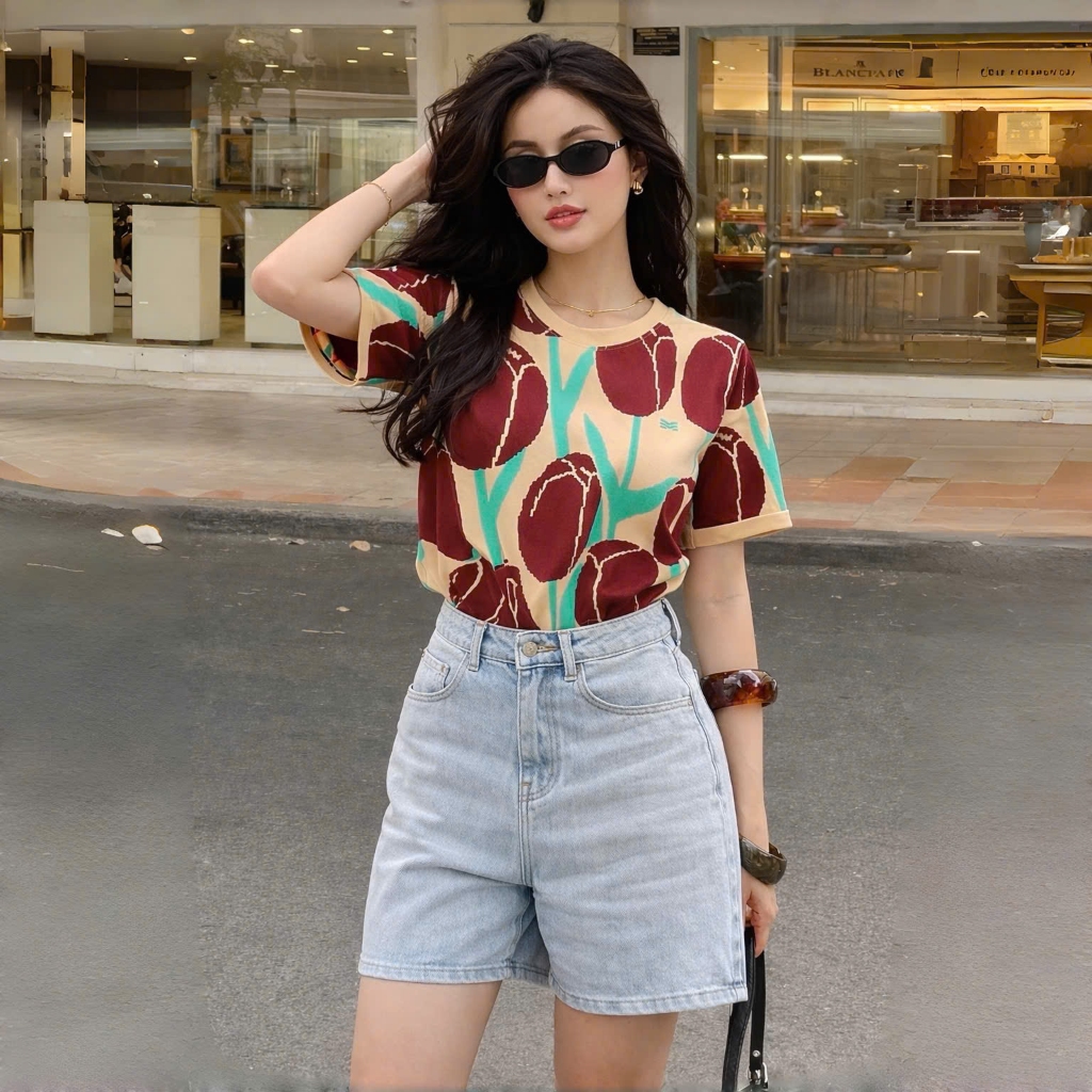 Áo Thun Phối Hoa Tulip Nâu Thanh Lịch, Chất Cotton Mềm Mịn, Có Kèm Hình Thật.