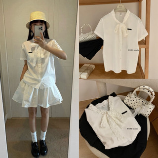 𝐏𝐡𝐢𝐞𝐧 𝐖𝐆𝐖𝐄 | W8950 Áo Sơ Mi Thô Cổ Bèo Cộc Tay Màu Trắng