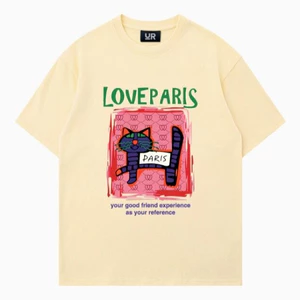 Áo thun nữ HappyTee - Áo chú mèo LOVE PARIS phong cách hội họa độc đáo