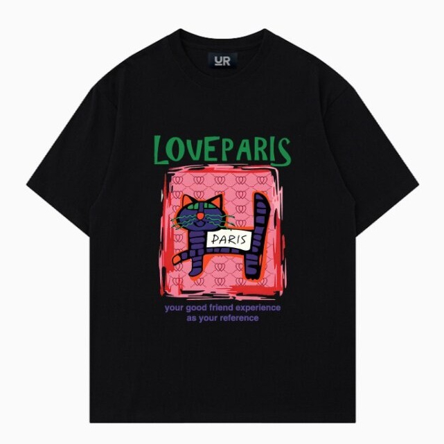 Áo thun nữ HappyTee - Áo chú mèo LOVE PARIS phong cách hội họa độc đáo