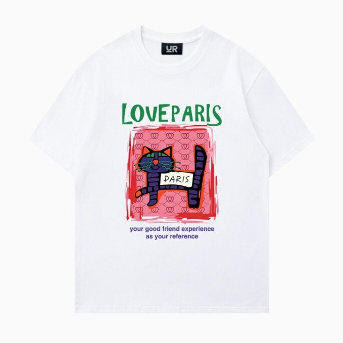 Áo thun nữ HappyTee - Áo chú mèo LOVE PARIS phong cách hội họa độc đáo