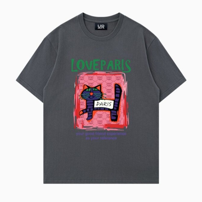Áo thun nữ HappyTee - Áo chú mèo LOVE PARIS phong cách hội họa độc đáo