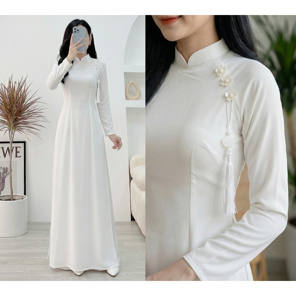 Áo Dài Trắng Lụa Mỹ Đính Hoa Nhài & Tua Rua Tinh Tế Thanh Lịch Cho Kỷ Yếu Và Đám Cưới Kèm Quần Lụa Truyền Thống T1595G