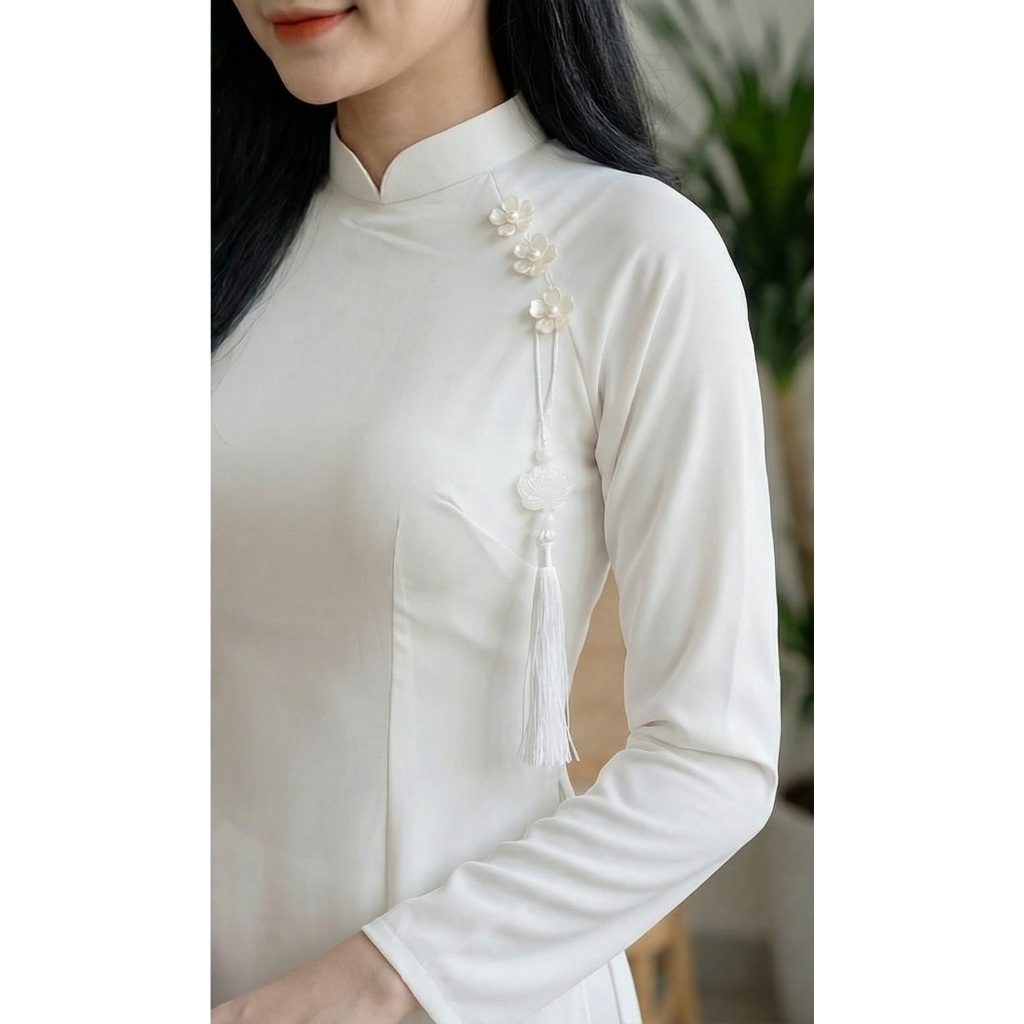 Áo Dài Trắng Lụa Mỹ Đính Hoa Nhài & Tua Rua Tinh Tế Thanh Lịch Cho Kỷ Yếu Và Đám Cưới Kèm Quần Lụa Truyền Thống T1595G