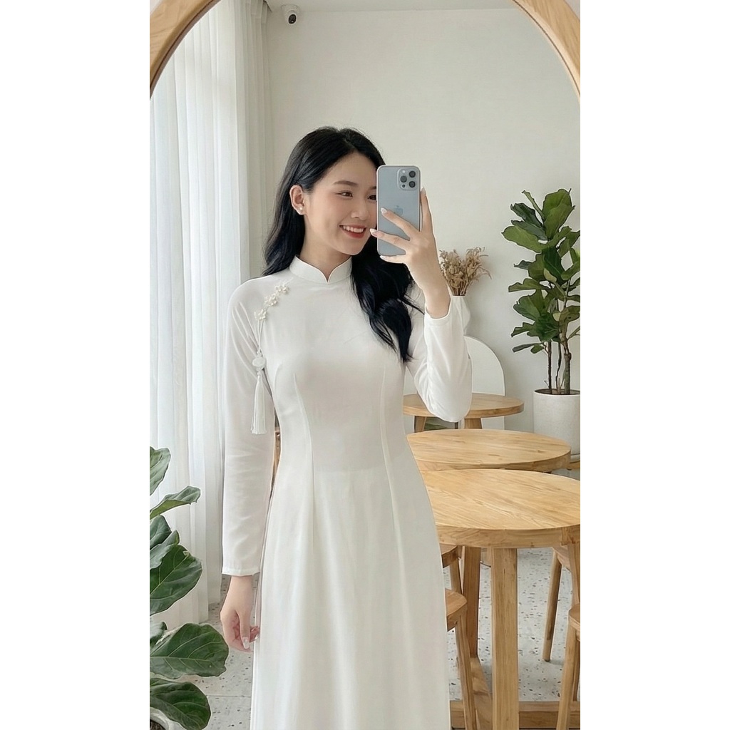 Áo Dài Trắng Lụa Mỹ Đính Hoa Nhài & Tua Rua Tinh Tế Thanh Lịch Cho Kỷ Yếu Và Đám Cưới Kèm Quần Lụa Truyền Thống T1595G