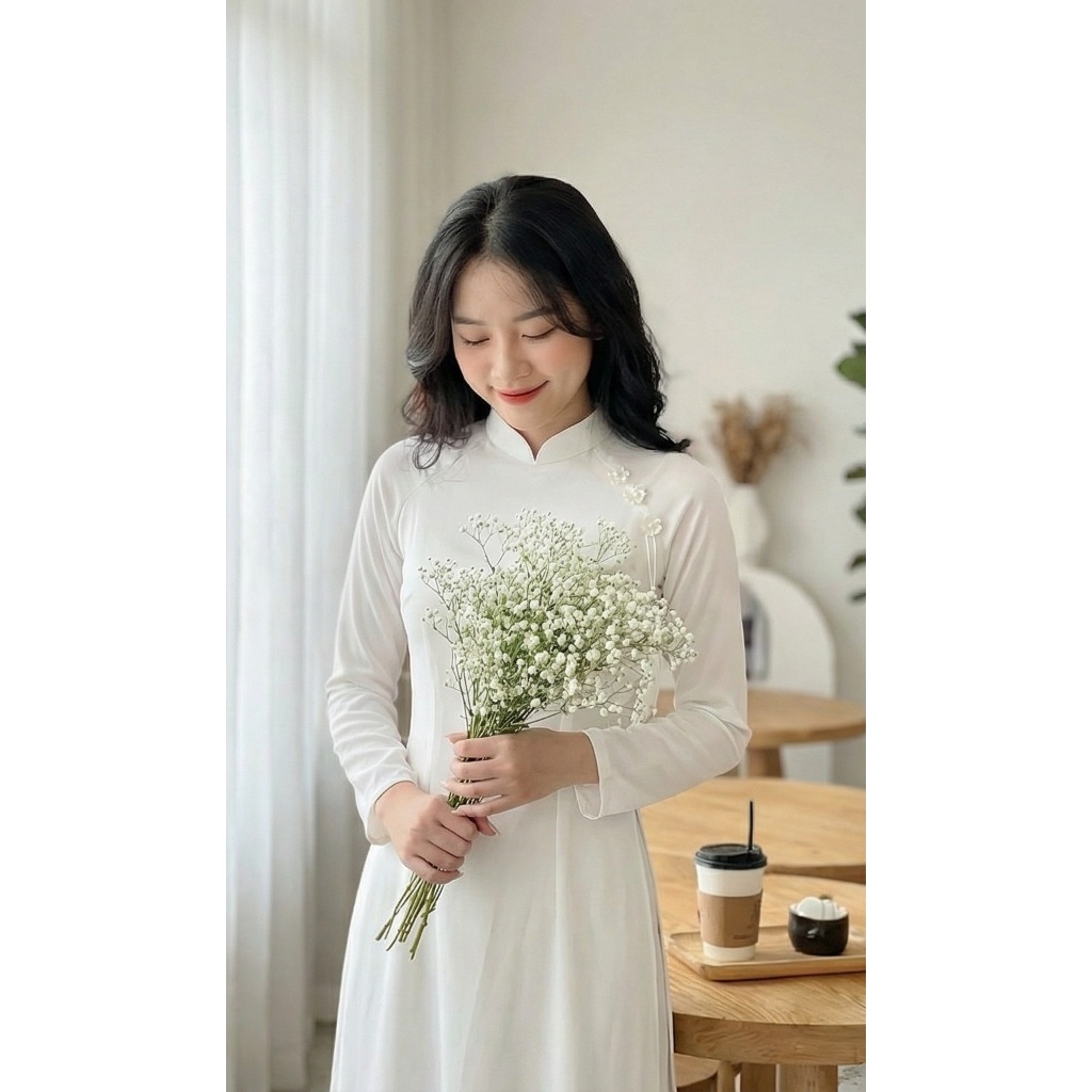 Áo Dài Trắng Lụa Mỹ Đính Hoa Nhài & Tua Rua Tinh Tế Thanh Lịch Cho Kỷ Yếu Và Đám Cưới Kèm Quần Lụa Truyền Thống T1595G