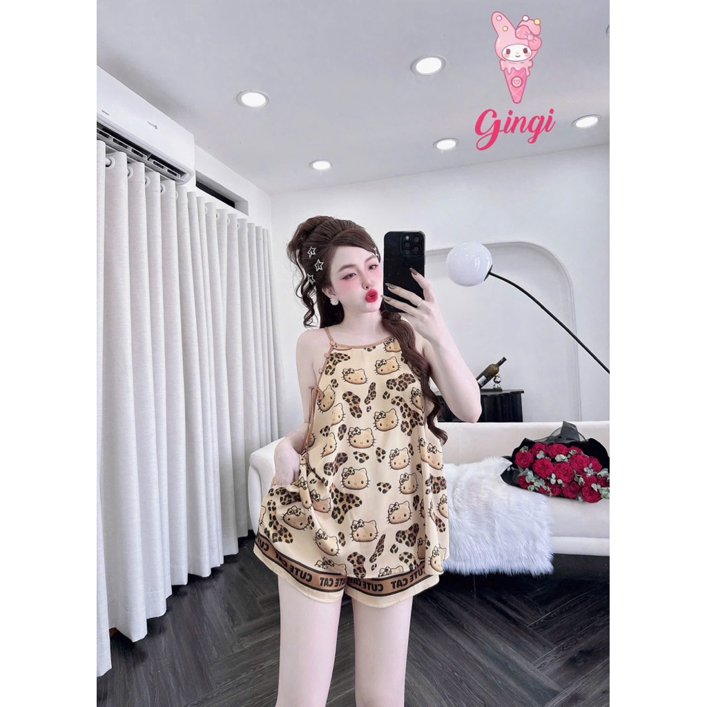 [ Size40-60kg Đồ Yếm ]Đồ nữ mặc nhà,mặc dạo phố áo yếm quần ngắn hoạ tiết dễ thương phối lụa latin cao cấp