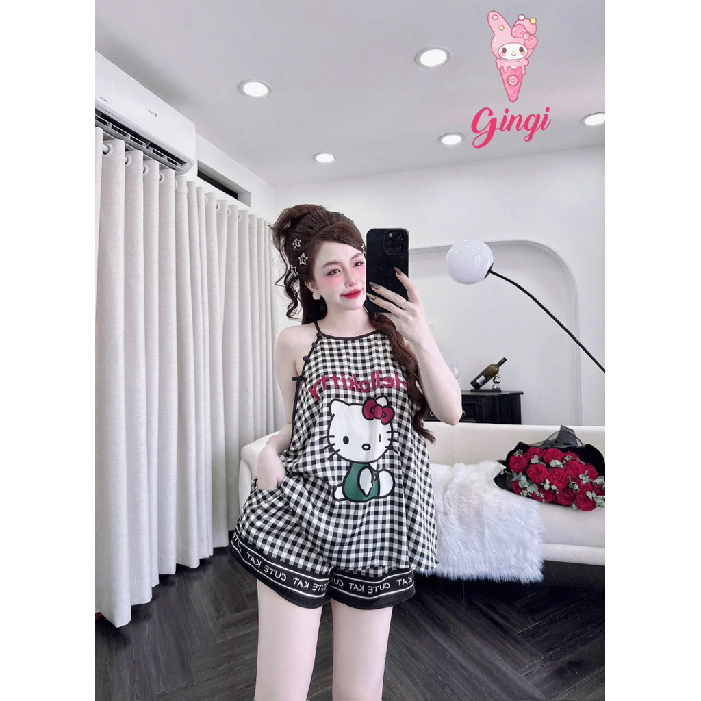 [ Size40-60kg Đồ Yếm ]Đồ nữ mặc nhà,mặc dạo phố áo yếm quần ngắn hoạ tiết dễ thương phối lụa latin cao cấp