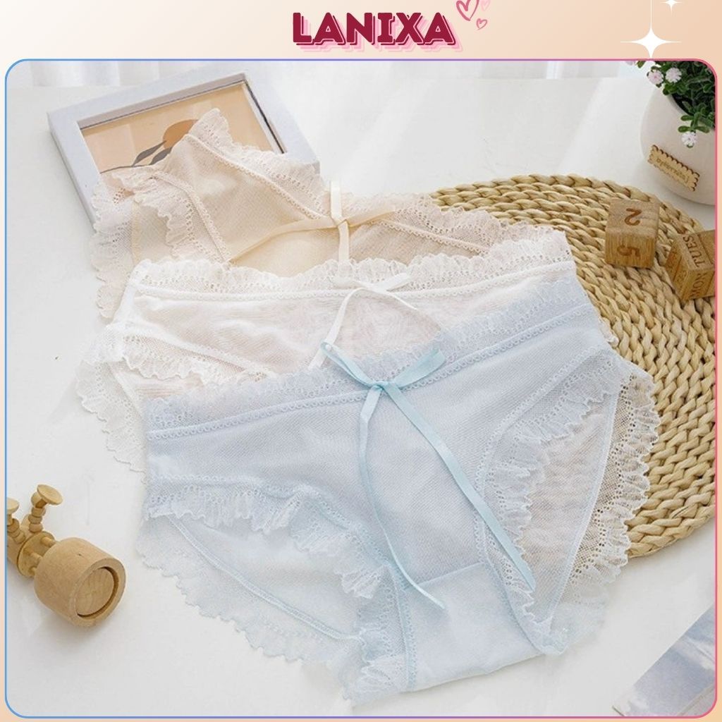 Quần lót nữ ren lưới cao cấp cạp vừa tôn dáng đáy lót kháng khuẩn khử mùi đính nơ sexy LANIXA L1026