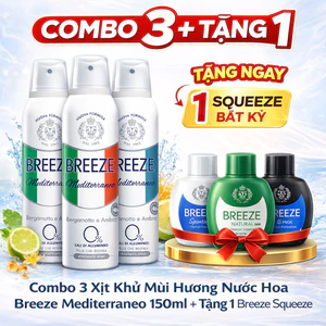 Combo 3 Xịt Khử Mùi Hương Nước Hoa Breeze Mediterraneo 150ml + Tặng 1 Breeze Squeeze