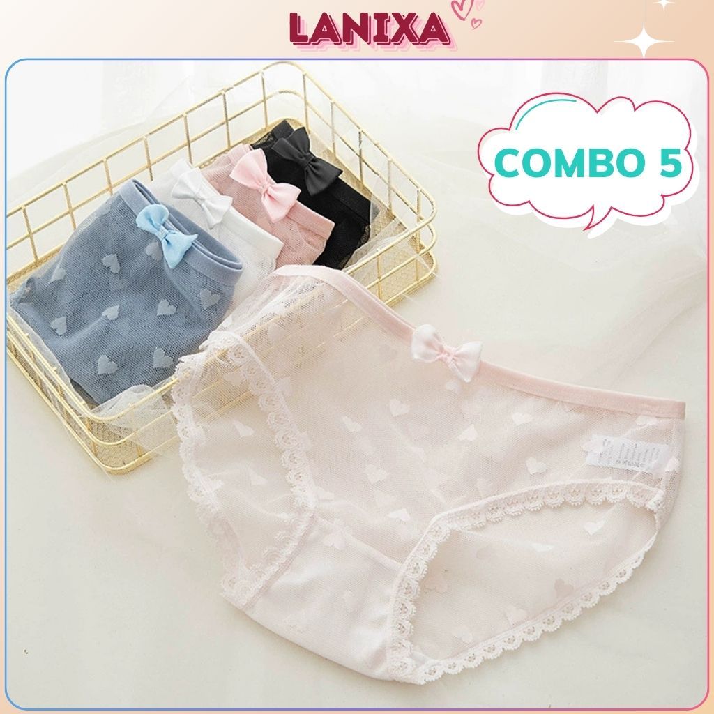COMBO 3-5 Quần lót nữ ren lưới trái tim xinh xắn cạp vừa tôn dáng co giãn đáy lót 2 lớp LANIXA L256