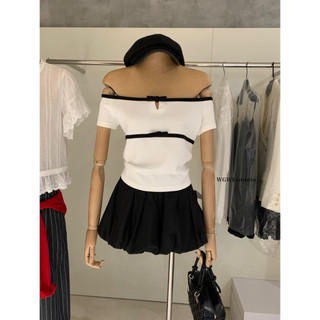 𝐏𝐡𝐢𝐞𝐧 𝐖𝐆𝐖𝐄 | (Sẵn) w8897 Áo Thun Trễ Vai Form Ôm Ngắn Viền Nơ Đen