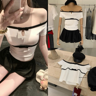 𝐏𝐡𝐢𝐞𝐧 𝐖𝐆𝐖𝐄 | (Sẵn) w8897 Áo Thun Trễ Vai Form Ôm Ngắn Viền Nơ Đen
