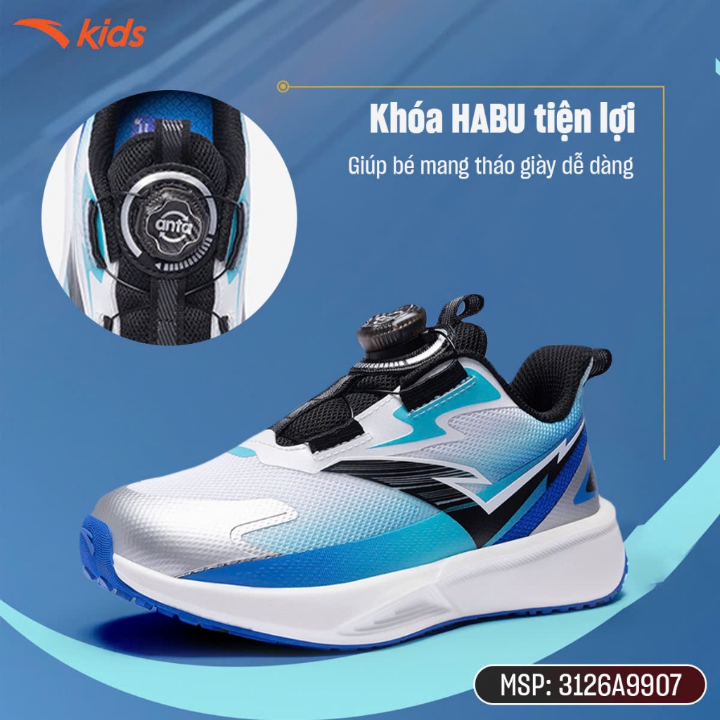 ANTA Kids Giày Chạy Thể Thao Bé Trai Size 28-32 Đế Êm Khóa Habu Tiện Lợi 3126A9907