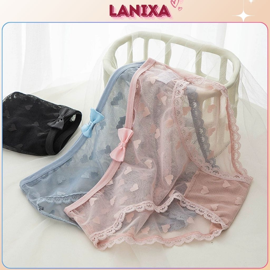 Quần lót nữ lưới thoáng mát in nổi trái tim đính nơ xinh xắn quyến rũ đáy lót kháng khuẩn LANXA L256