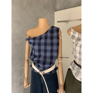 𝐏𝐡𝐢𝐞𝐧 𝐖𝐆𝐖𝐄 | (Sẵn) w8904 Áo Lệch Vai Soắn Kẻ Caro