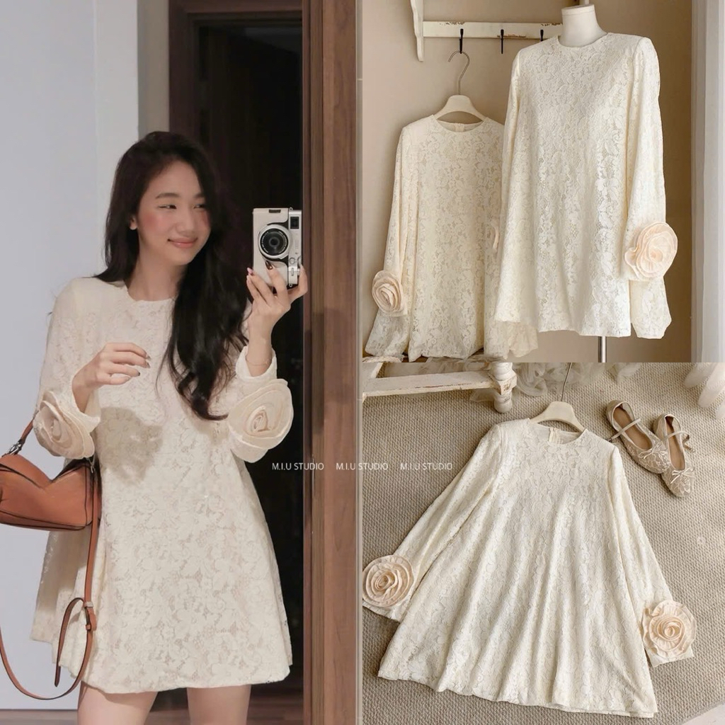 Váy ren hoa Tk dáng ngắn tiểu thư đính hoa tay cao cấp , Đầm nữ dáng xuông cổ tròn dài tay - màu kem basic dễ mặc