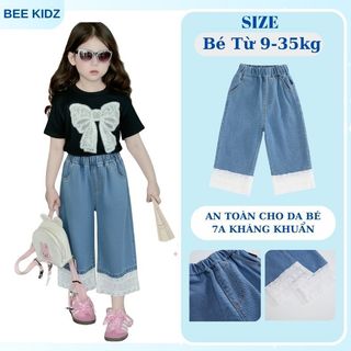 Quần Cho Bé Gái, Quần Bò Cho Bé Gái Ống Rộng Phối Ren Phong Cách Tiểu Thư Chất Liệu Cotton Mềm Mịn