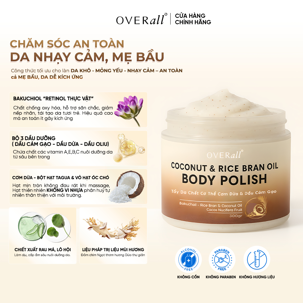 Combo 3 Tẩy Da Chết Body Cơm Dừa Cho Da Mụn, Viêm lỗ chân lông OVERall – Giúp Da Sạch mụn, Căng Bóng