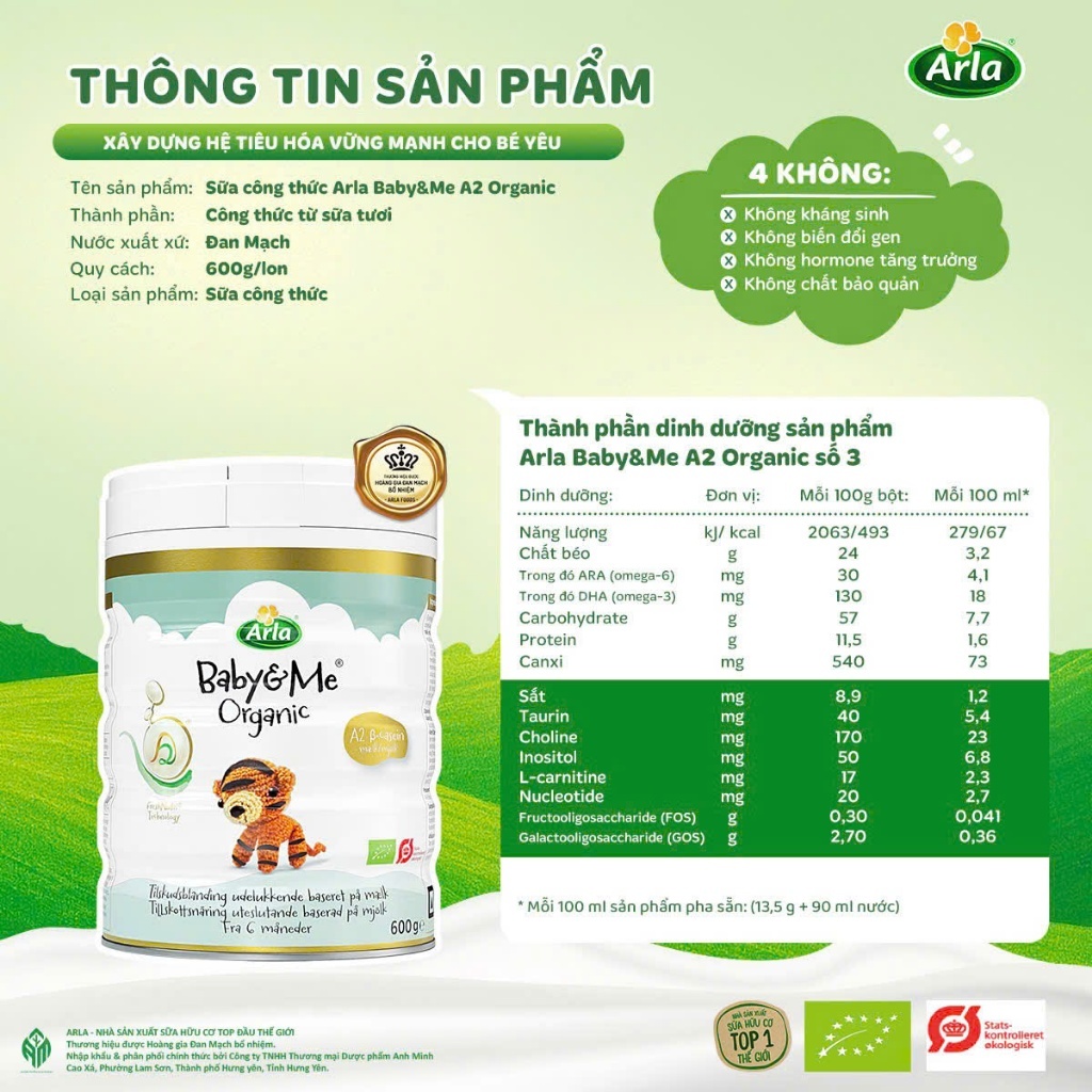 Sữa Arla Baby&Me Organic Đạm A2 600g Cho Trẻ Từ 12- 36 Tháng – Babymall & Care