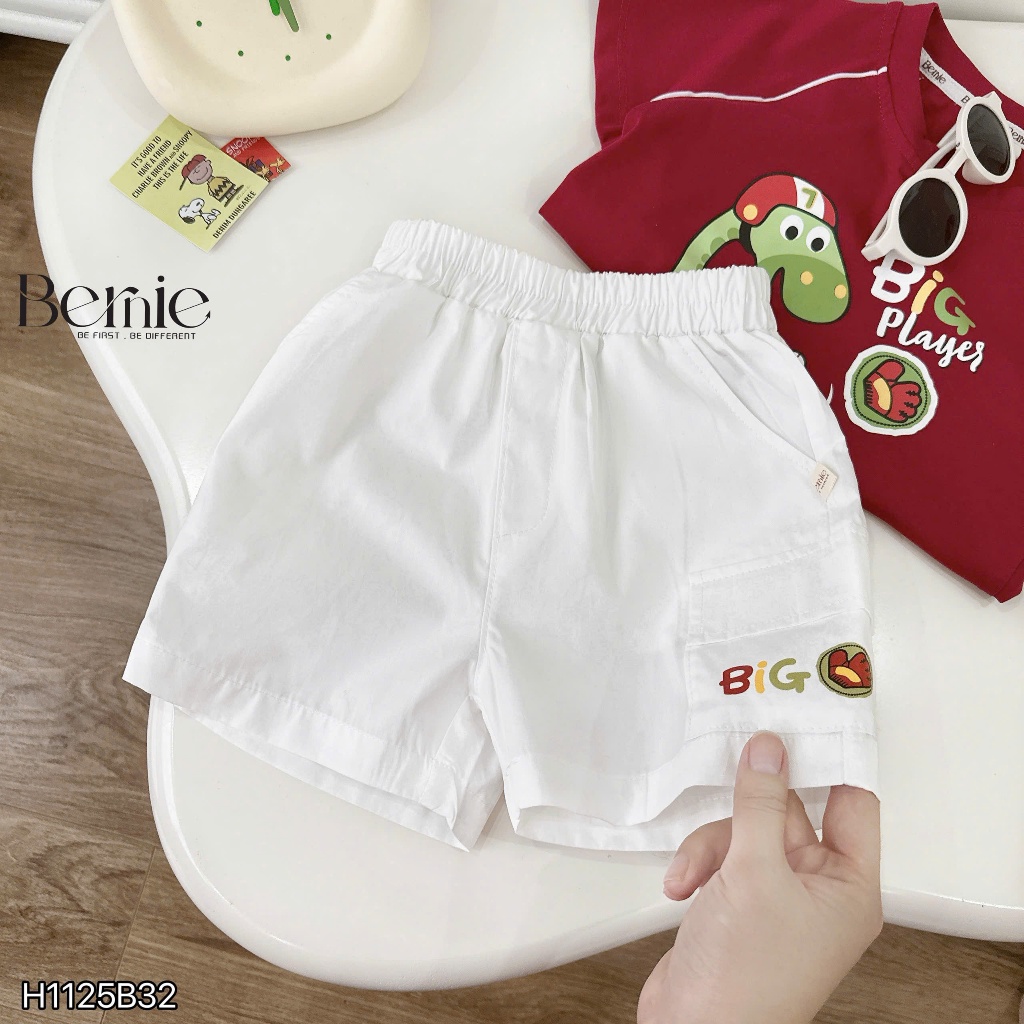 Bộ cotton cộc khủng long big player phối quần kaki, bộ thun cổ tròn in hoạ tiết phối quần kaki trắng