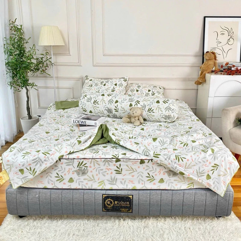 Bộ Chăn Ga Gối Mùa Hè Cotton Đũi Cao Cấp 4 Món (Chăn + Ga + 2 Vỏ Gối) Mềm Mịn Thoáng Mát Phong Cách Hàn