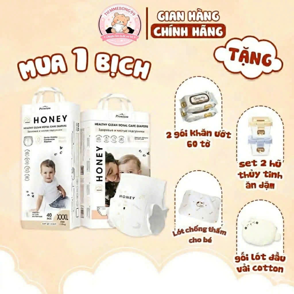 [Quà Sốc] Tã/Bỉm HONEY PREMIUM Dán/Quần – Siêu Mềm, Khô Thoáng, Chống Tràn Size NB/S/M/L/XL/2XL/3XL