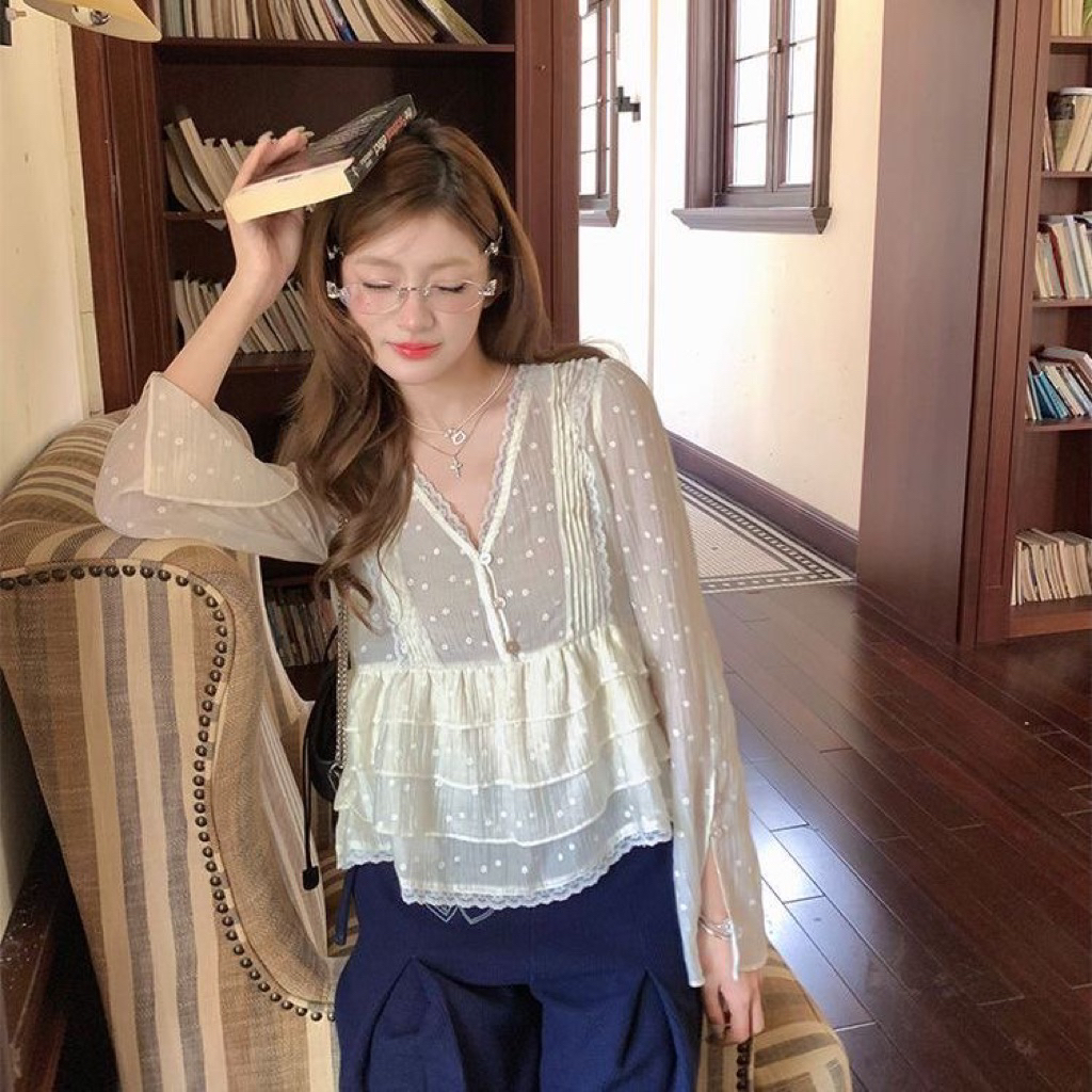[ Hàng OOrder] Áo BabyDoll Dài Tay Cổ V Đuôi Áo Xếp Tầng Cá Tính❤️