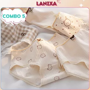 COMBO 4 Quần lót cotton gân tăm viền ren cạp vừa tôn dáng sexy họa tiết dễ thương LANIXA L120 -CB