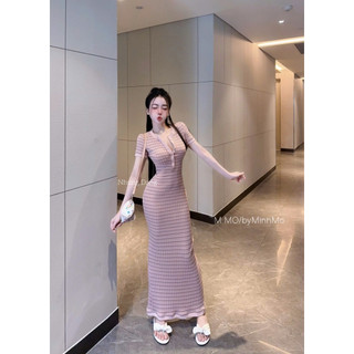 Váy Body Maxi Kẻ Khuy Ngực Cộc Tay