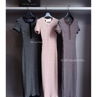 Váy Body Maxi Kẻ Khuy Ngực Cộc Tay
