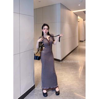 Váy Body Maxi Kẻ Khuy Ngực Cộc Tay