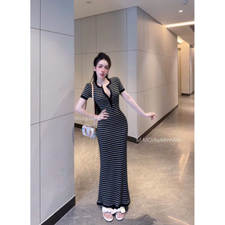 Váy Body Maxi Kẻ Khuy Ngực Cộc Tay