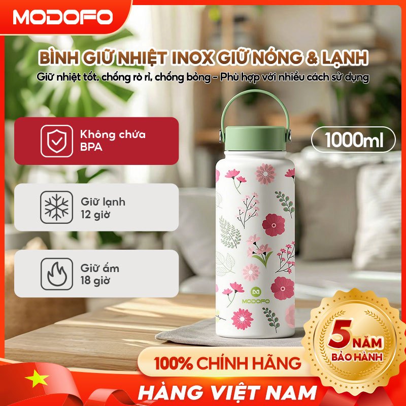 MODOFO Bình giữ nhiệt 1000ml miệng rộng, họa tiết in hoa xinh, nhỏ gọn dễ cầm