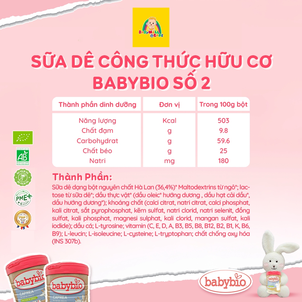 Sữa Hữu Cơ Babybio Optima 800g Số 2–3 Hỗ Trợ Tiêu Hóa & Dinh Dưỡng (6–36 Tháng) | Babymall & Care
