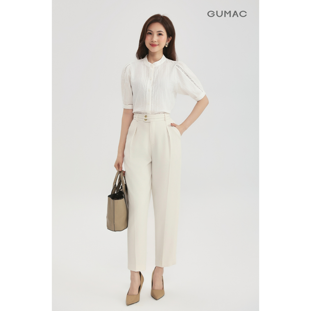 Áo Sơ Mi Nữ Cổ Trụ GUMAC Form Suông Tay Lửng Chất Liệu Xô Thêu Mỏng Nhẹ Phối Viền Ren AG01005