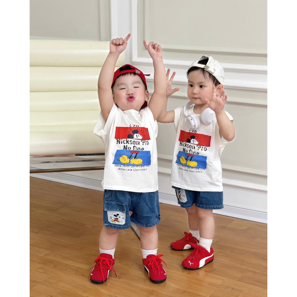 Bộ quần áo ba lỗ họa tiết mickey chất cotton mềm mịn,thoáng mát kèm quần jean cho bé mặc nhà, đi học đi chơi size 9-22kg