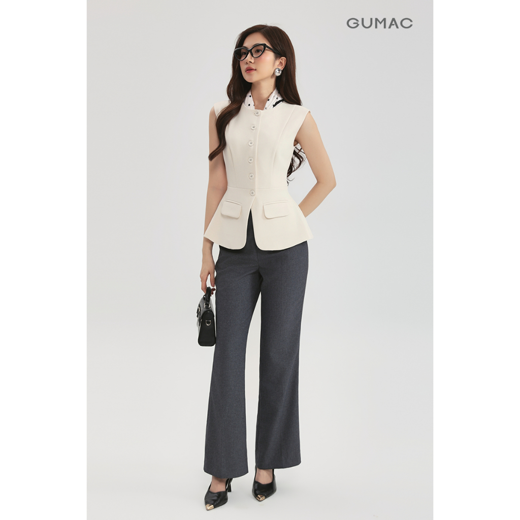 Áo Gile Nữ Cổ Tròn GUMAC Dáng Dài Chiết Eo Nhẹ Kiểu Peplum Chất Carolan Xược Đứng Form AG03026