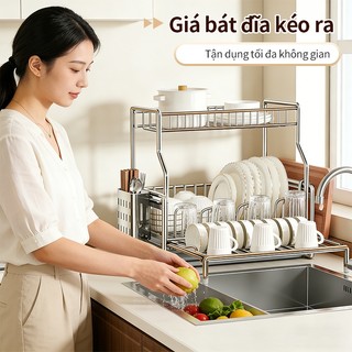 Gslife Kệ Úp Chén Bát 2 Tầng Inox - Có Khe Cắm Thớt & Ống Đũa, Đa Năng
