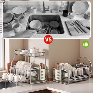 Gslife Kệ Úp Chén Bát 2 Tầng Inox - Có Khe Cắm Thớt & Ống Đũa, Đa Năng