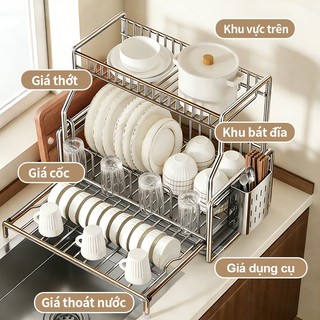 Gslife Kệ Úp Chén Bát 2 Tầng Inox - Có Khe Cắm Thớt & Ống Đũa, Đa Năng