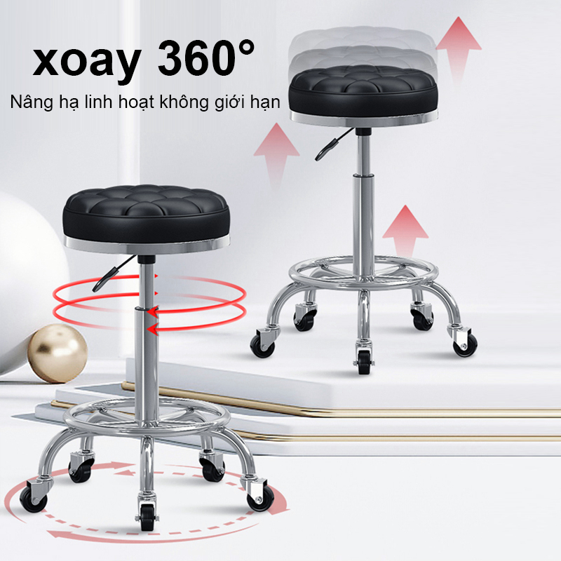 Ghế Xoay 360 Độ Nâng Hạ Tiện Lợi Ghế Spa Chân Inox Có Vòng Gác Chân Bánh Xe Chống Xước Đệm Dày Êm Ái | BigBuy360 - bigbuy360.vn