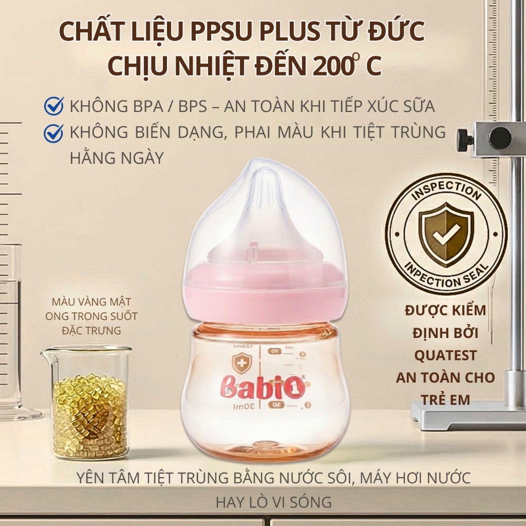 Bình Sữa Babi1 PPSU Plus Cổ Rộng 90ml Cho Bé Sơ Sinh - Núm Siêu Mềm Chống Sặc Sữa & Đầy Hơi Hiệu Quả