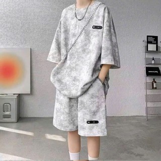 Bộ Quần Áo Thể Thao Nam Mùa Hè Cộc Tay Chất Cotton Loang Cao Cấp Oversize Thoáng Mát