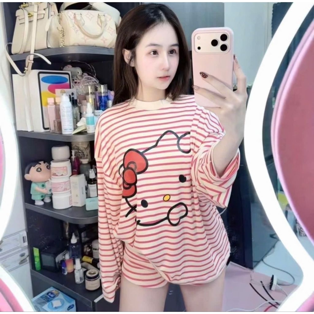 Set bộ thun kitty sọc tay dài phối quần đùi dễ thương