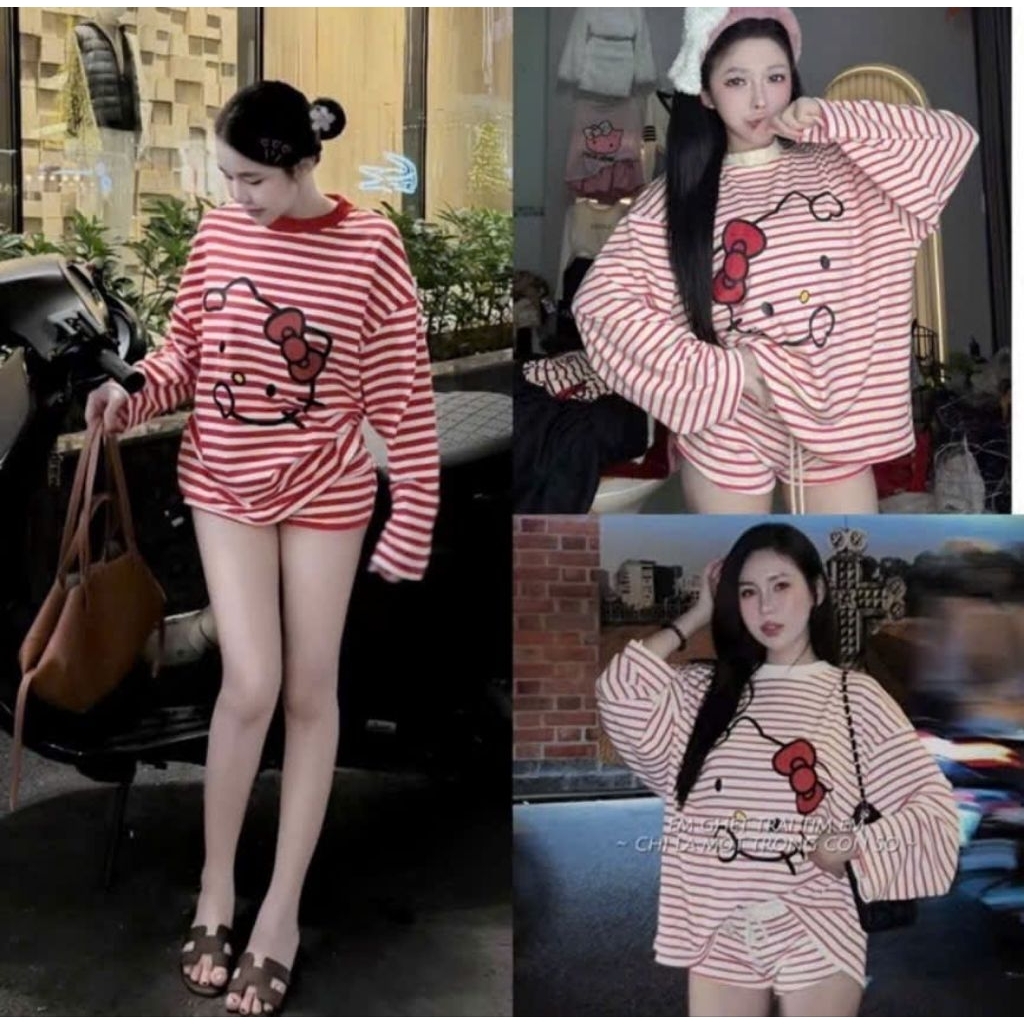 Set bộ thun kitty sọc tay dài phối quần đùi dễ thương