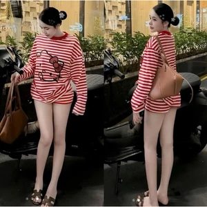Set bộ thun kitty sọc tay dài phối quần đùi dễ thương