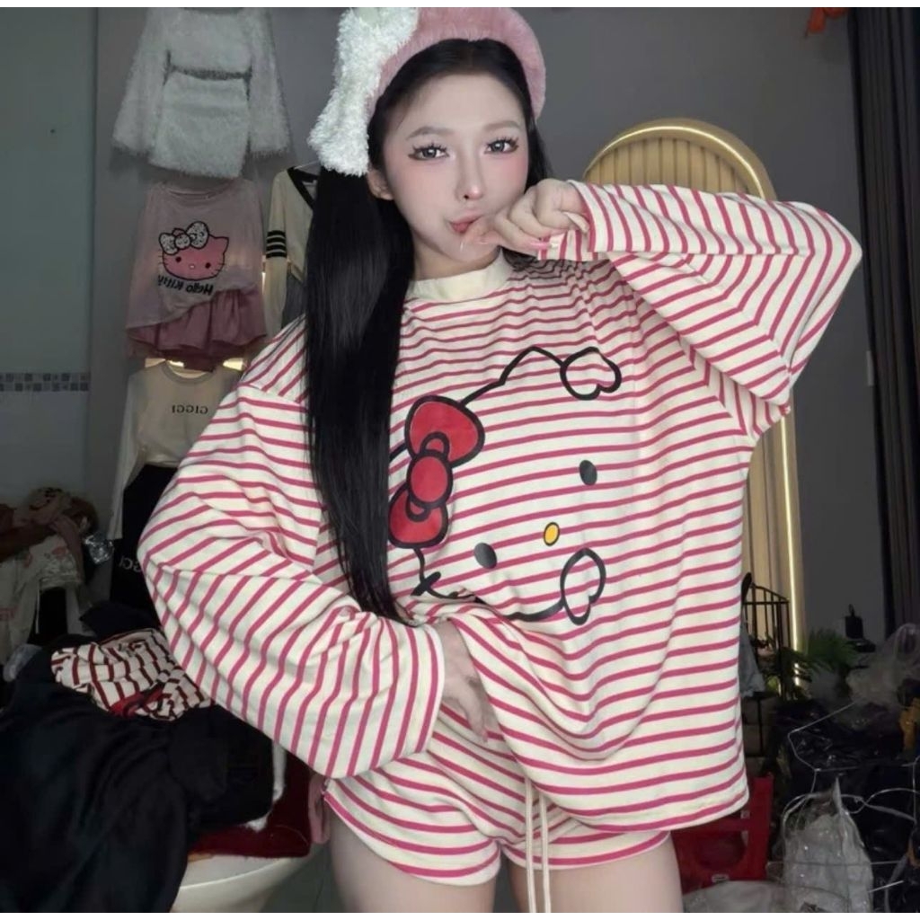 Set bộ thun kitty sọc tay dài phối quần đùi dễ thương